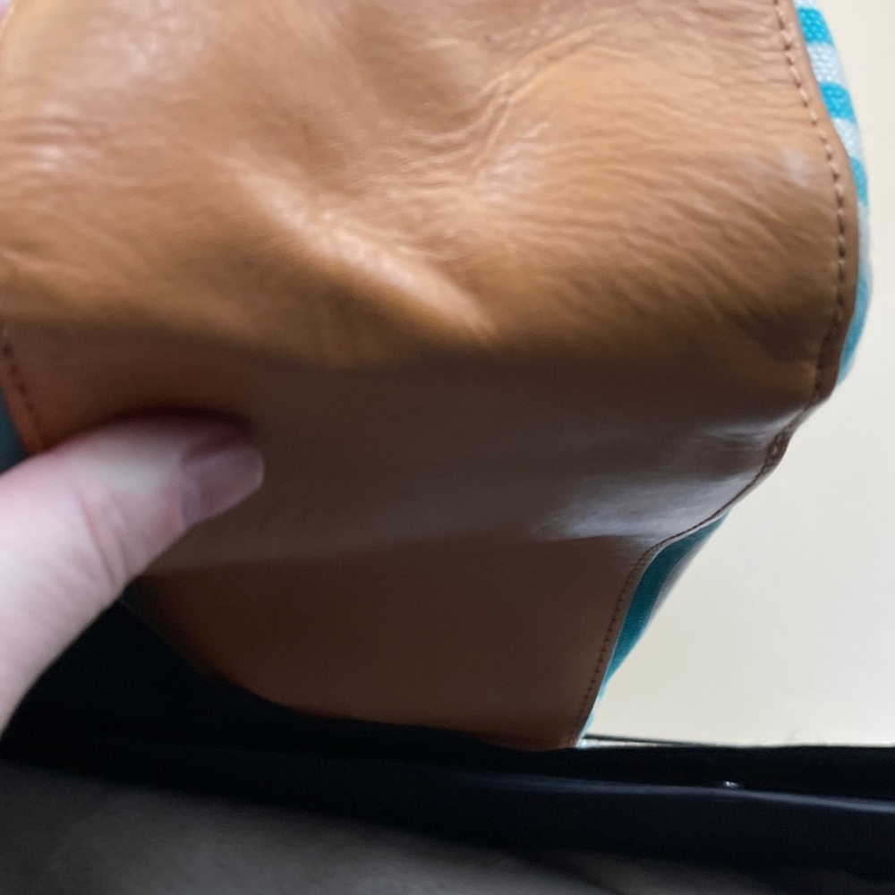 Tory Burch Turquoise and White Striped Canvas Tote with Tan Trim Beach Summer - Picture 8 of 12
